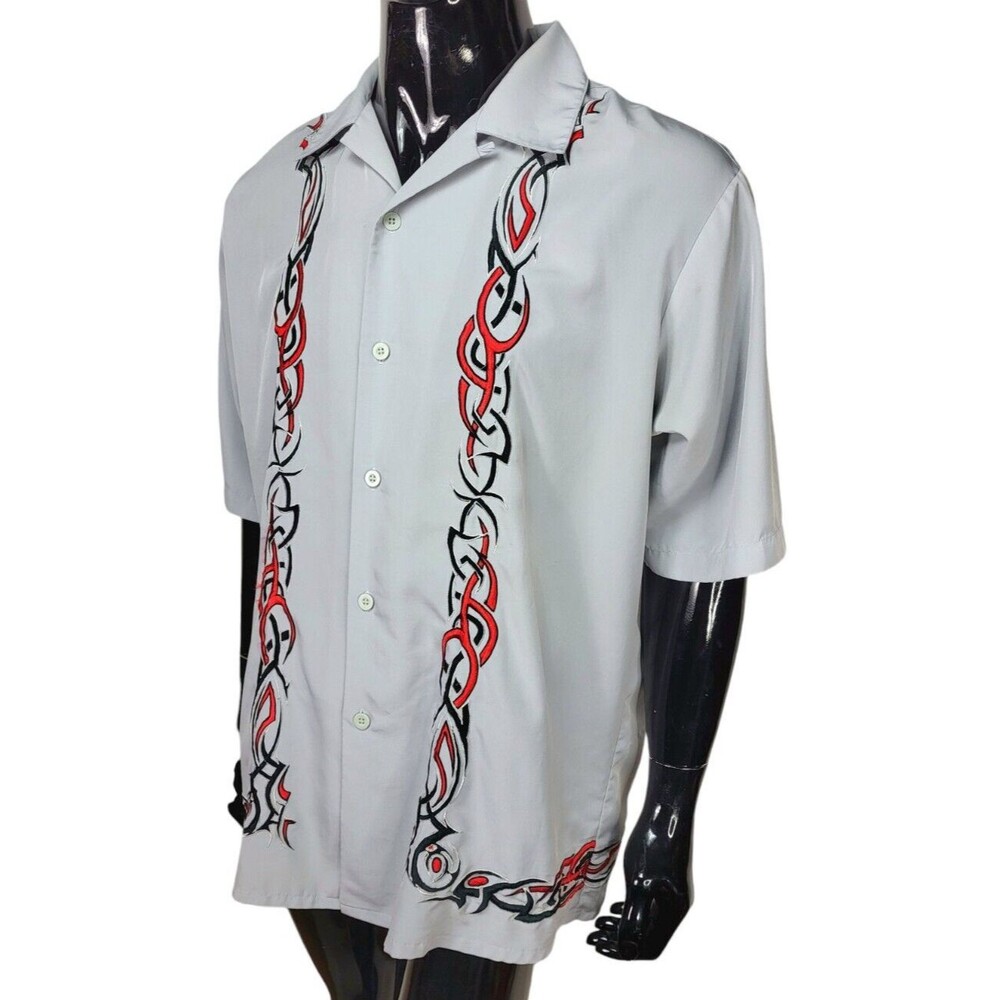 Vintage Anchor Blue Hipster Embroidered Tribal Button-Down Camp Shirt Men's XL